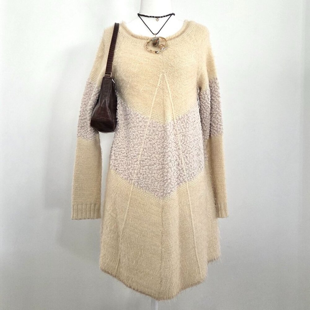 Y2K Anthropologie Cream Textured Knit Sweater Large Fuzzy Knit Vanilla Cozy